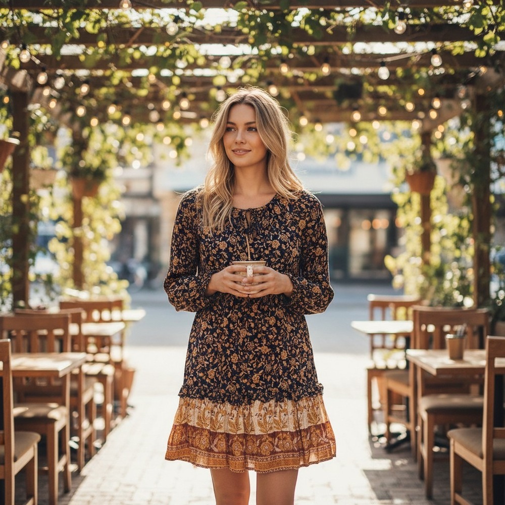 Doe & Rae Floral Boho Tiered Dress Navy Blue Long Sleeve Mini Dress Large